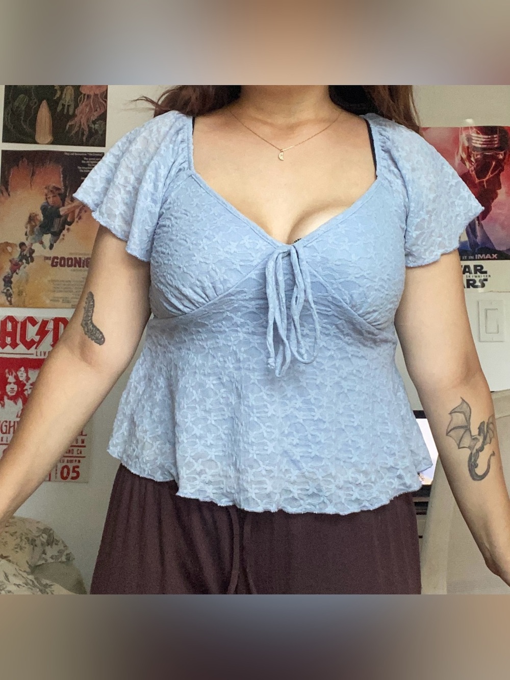 See You Monday light Blue Lace Tie-Front Puff Sleeve babydoll blouse top
